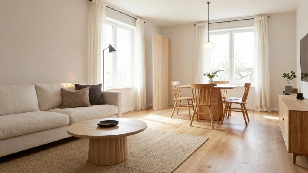 24 Cozy Open Concept Living Room Ideas That Feel Connected Bright open-concept living and dining room featuring light oak flooring, a cream fabric sofa with tan pillow, fluted pedestal coffee table, wooden dining table with four chairs, tall wooden cabinet, floor lamp, and large windows with sheer white curtains.