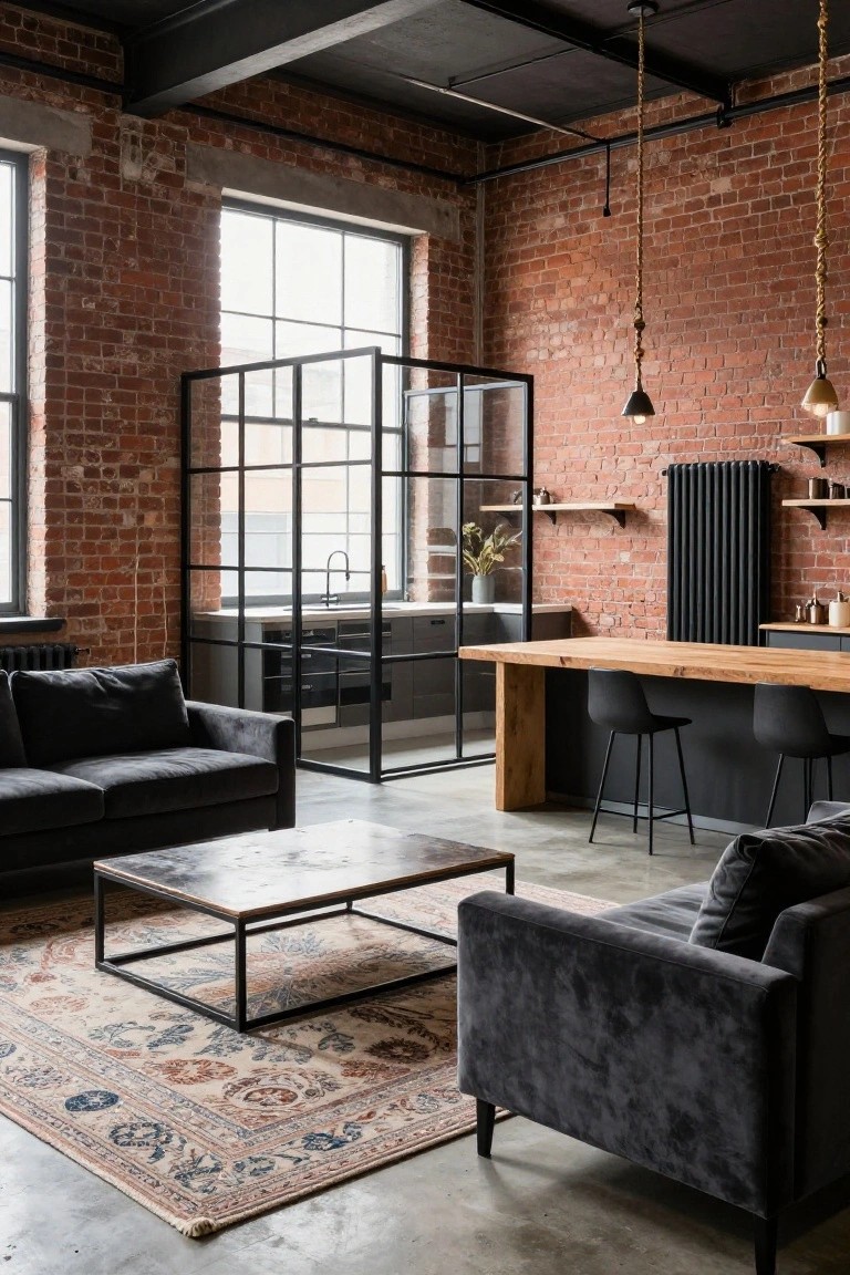 Open-concept interior with exposed brick walls, black metal-framed glass partition separating kitchen and living areas, polished concrete floor, black velvet sofas, wooden table with black stools, and hanging pendant lights.
