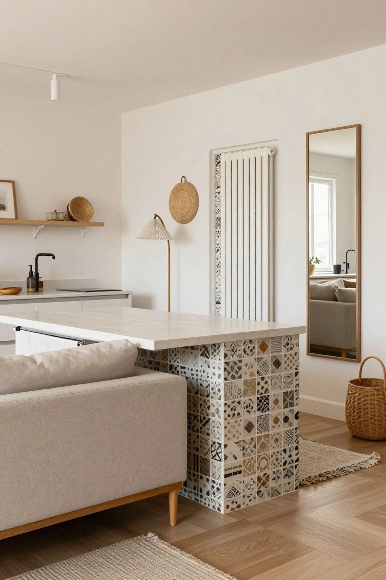 Open-plan kitchen and living room with white cabinetry, a kitchen island featuring a base covered in multicolored geometric patterned tiles, adjacent beige sofa on wooden floors, white walls, and woven basket accents.