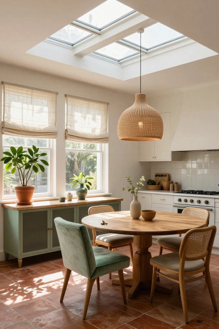 Sunlit open kitchen with skylights, linen-shaded windows overlooking greenery, green upholstered sideboard holding plants, round wooden pedestal table with rattan and fabric chairs, white cabinets, and terracotta tile floor.