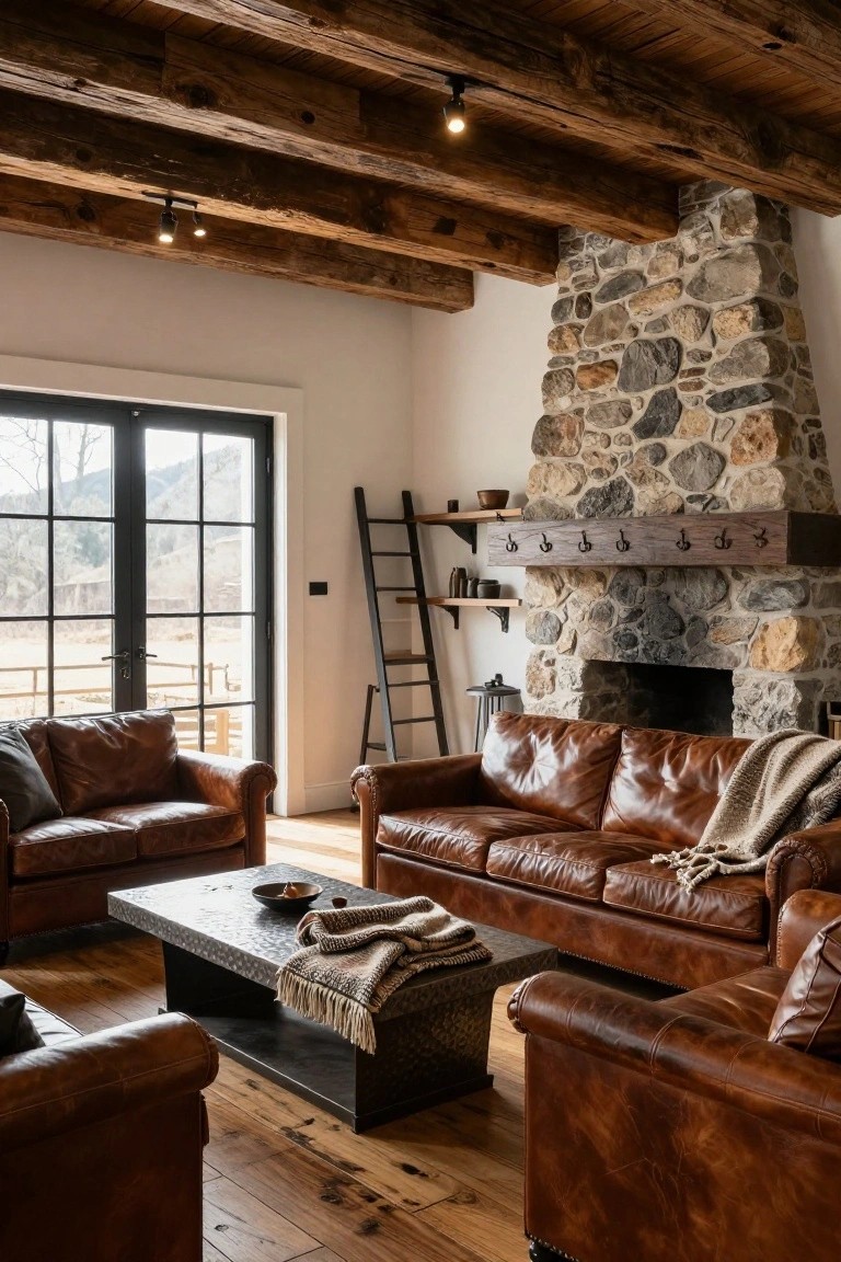 Living room interior with tall fieldstone fireplace, brown leather sofas and chairs around a metal coffee table with throws, exposed wooden ceiling beams, ladder shelf, and black-framed doors to outdoor valley view.
