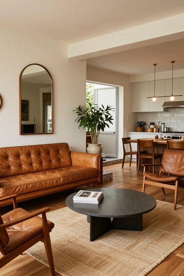 Open-concept living room with tan tufted leather sofa and two leather armchairs around a black stone round coffee table on a seagrass rug, adjacent white kitchen with wood dining chairs, large potted plant, and arched mirror on white wall.