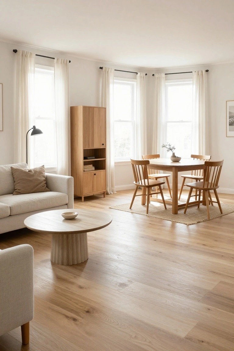 Bright open-concept living and dining room featuring light oak flooring, a cream fabric sofa with tan pillow, fluted pedestal coffee table, wooden dining table with four chairs, tall wooden cabinet, floor lamp, and large windows with sheer white curtains.