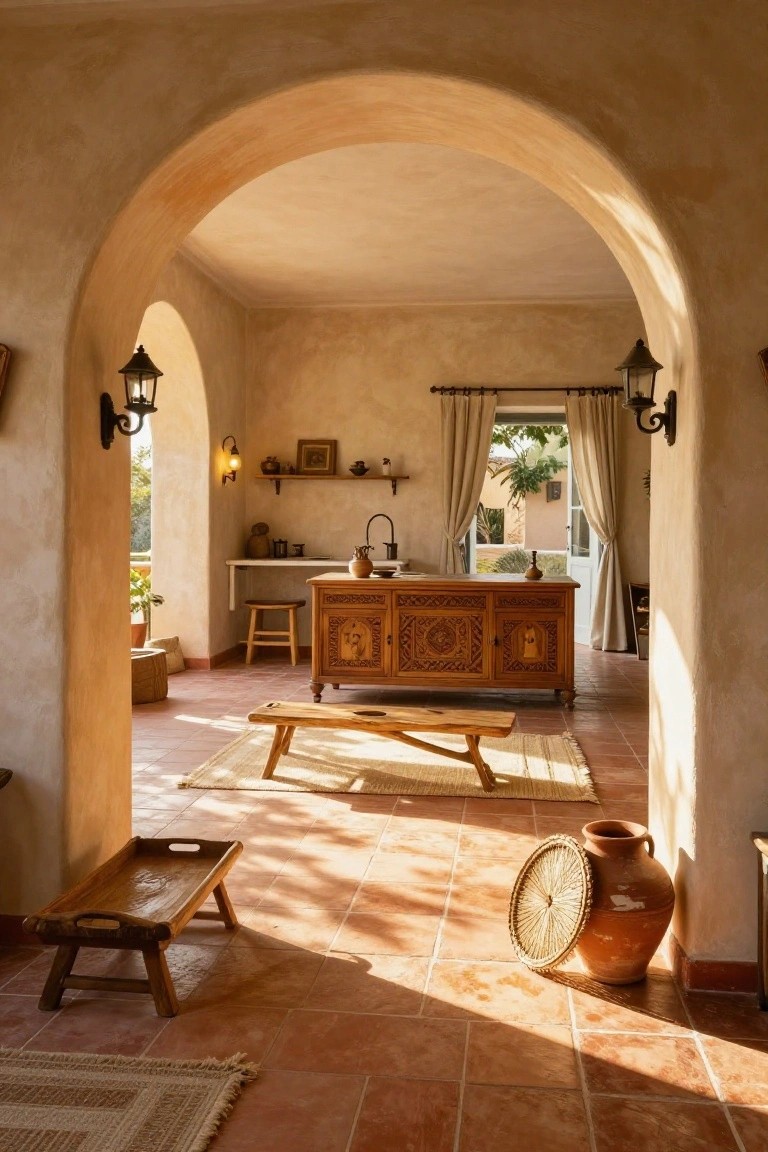 Sunlit interior arched opening framing a rustic kitchen with ornate carved wooden cabinetry, wooden stools and benches, terracotta tile floor, woven baskets, pottery, and open doors to an outdoor courtyard with greenery.