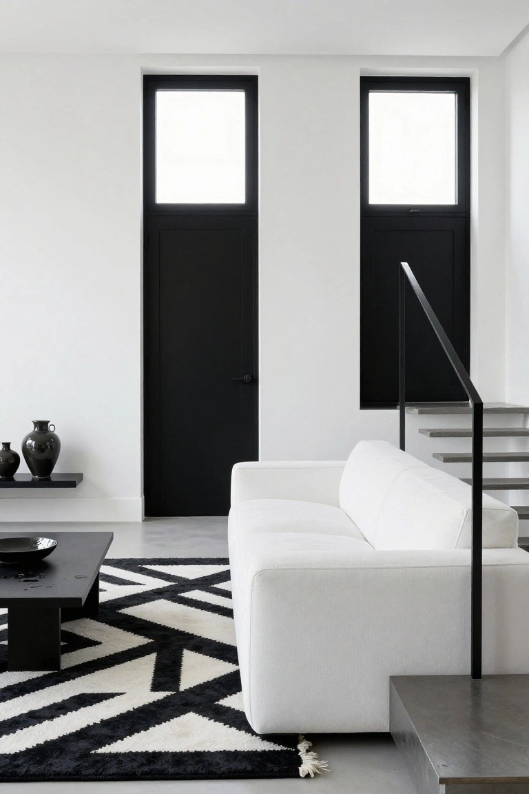 Modern minimalist living room with white walls and sofa, black-framed doors and windows, black coffee table, black and white zigzag rug, ceramic vases on a shelf, and concrete stairs with black metal railing.