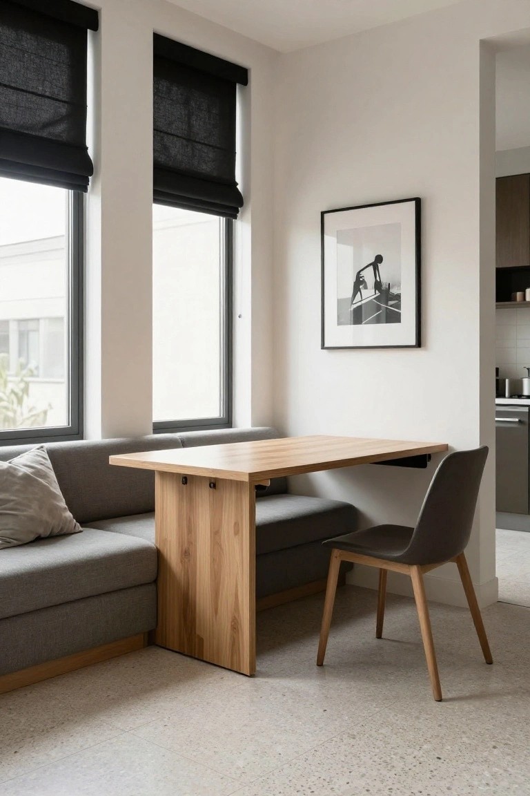 Gray built-in bench with oak wall-mounted table and cushions along a wall under two black roller blinds, wooden chair beside it, framed black-and-white photo on white wall, and open doorway to kitchen.