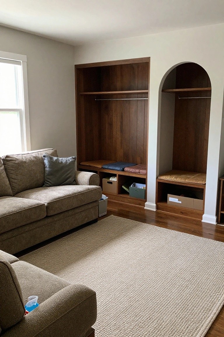 Living room with tan fabric sofa on wood floors and beige rug, next to tall paneled wooden built-in wardrobes with arched openings, hanging rods, cubby storage, and integrated benches with cushions.