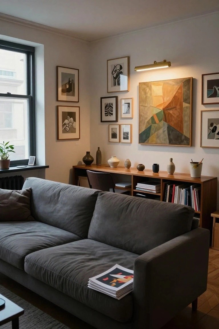 A living room corner with a gray sofa facing a wooden credenza and desk unit displaying ceramics, books, and magazines on open shelves under a gallery wall of framed abstract art next to a window.