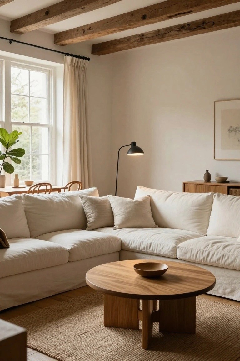 A light-filled living room corner with exposed dark wooden ceiling beams, white L-shaped slipcovered sofa, round wooden coffee table on a seagrass rug, potted plants near a window, wooden sideboard, and dining chairs in the background.