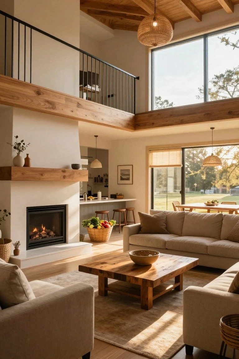A two-story open-plan living room with exposed wooden beams on the ceiling, a gas fireplace with wooden mantel, beige sofas around a wooden coffee table, adjacent kitchen bar, and large windows showing trees outside.