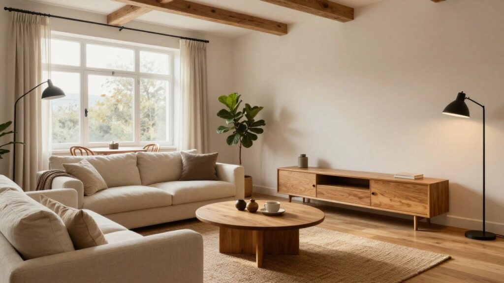 A light-filled living room corner with exposed dark wooden ceiling beams, white L-shaped slipcovered sofa, round wooden coffee table on a seagrass rug, potted plants near a window, wooden sideboard, and dining chairs in the background.