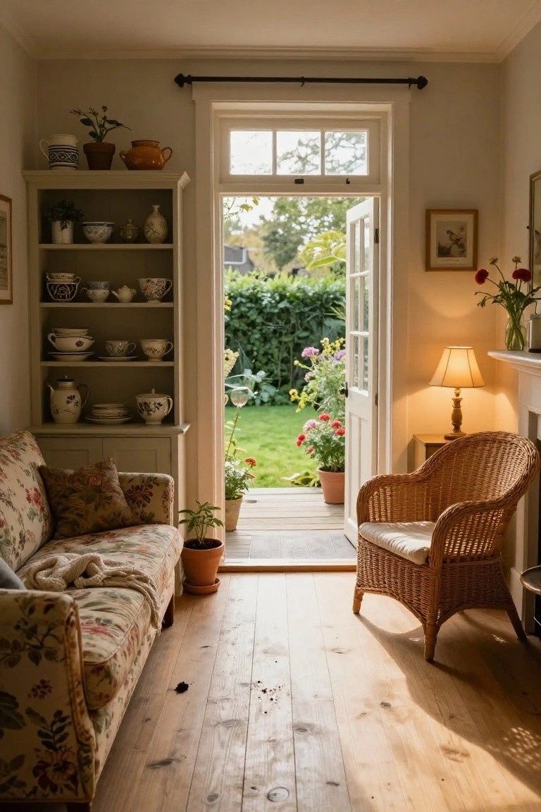 A small cozy living room with floral sofa, open shelves displaying china and pottery, wicker armchair, lamp on mantel, and large French doors open to a garden with flowers and greenery.