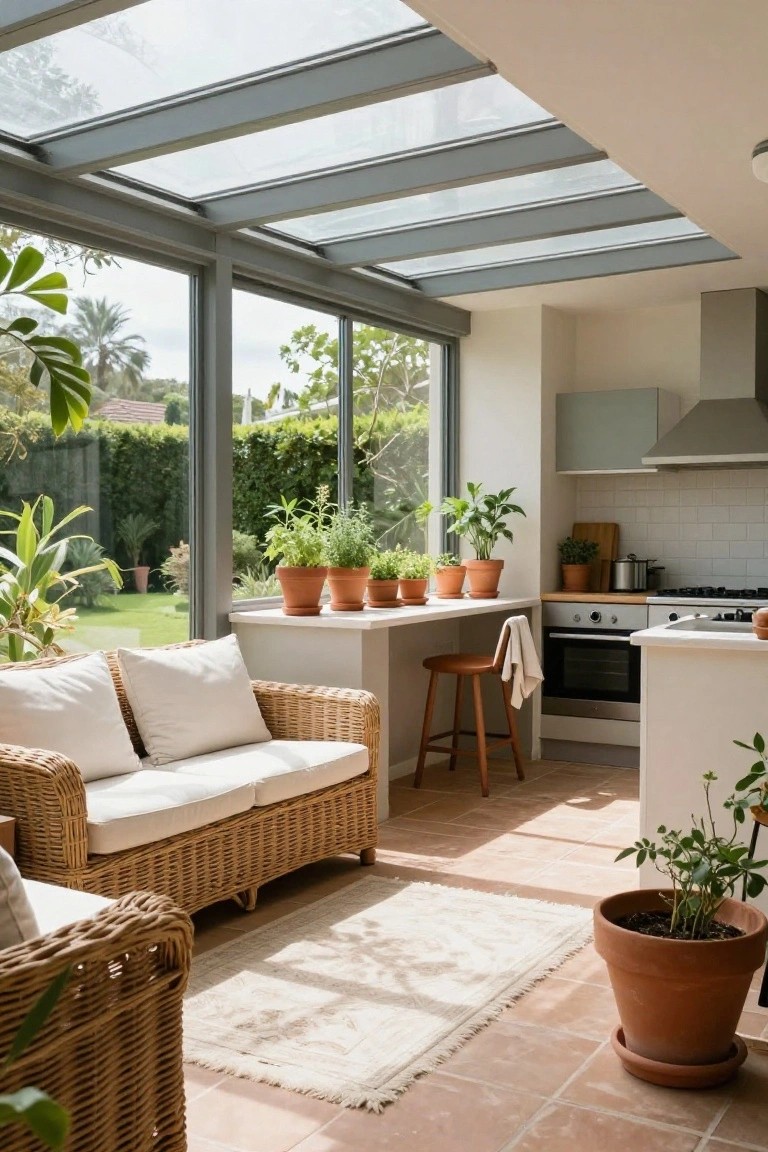 Bright open kitchen living space under a glass atrium roof with large glass walls overlooking a garden, featuring white cabinets, rattan sofa, wood stool at bench, potted plants, and terracotta pots on terracotta tile floor.