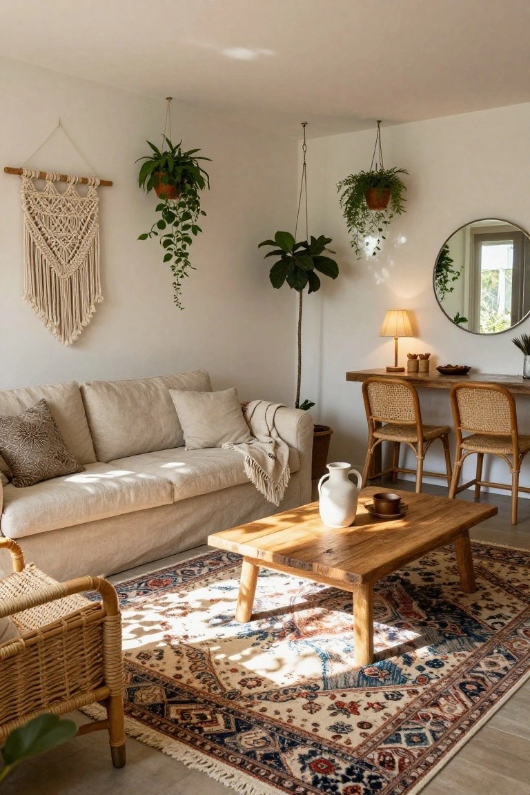 Bright open living room with white walls, beige linen sofa, low wooden coffee table, rattan chairs at a wooden bar counter, hanging plants, potted trees, macrame wall hanging, round mirror, and patterned rug on wood-look floor.