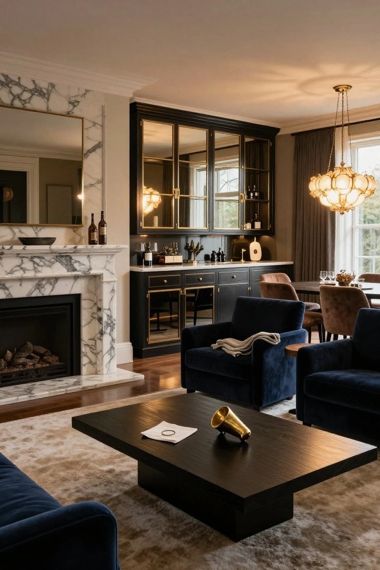Open-plan living and dining room interior with white marble fireplace flanked by black cabinetry with mirrored doors and bar setup, navy velvet furniture, wooden coffee table, tan rug, and chandelier overhead.