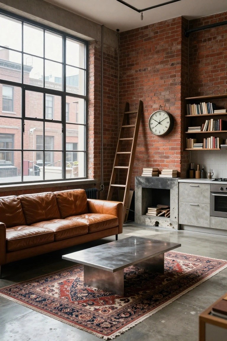 Open-plan industrial living room featuring exposed brick walls, large metal-framed windows, brown leather sofa, brushed metal coffee table on a red and blue Persian rug, wooden ladder against wall, wall clock, bookshelves, and kitchen cabinets nearby.