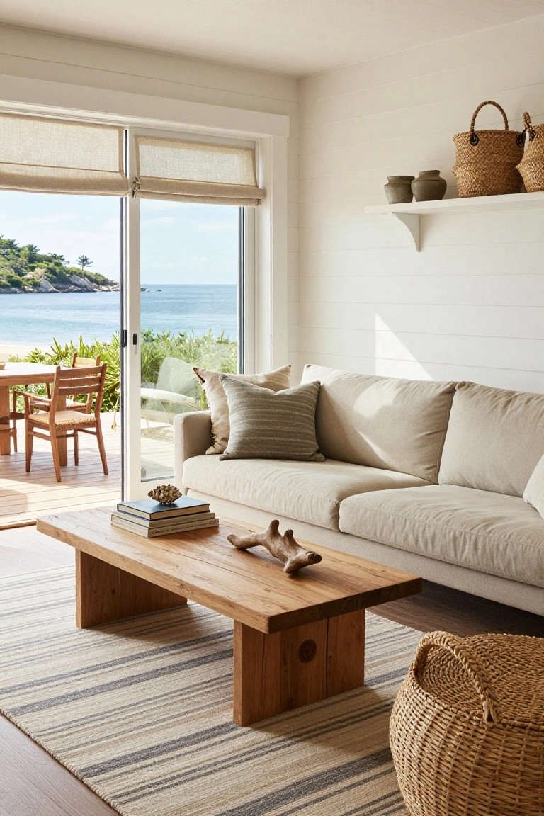 White shiplap-walled living room with beige sofa, wooden coffee table, books and shell decor, large sliding glass doors open to wooden deck, chairs, greenery, and ocean view.