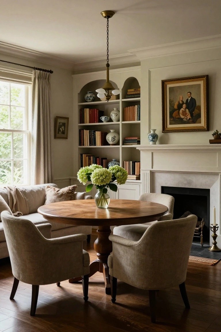 Warmly lit living room corner with arched built-in bookshelves stocked with books and ceramics flanking a window and fireplace, round wooden pedestal table holding hydrangea bouquet surrounded by four upholstered chairs next to a beige sofa on hardwood floors.