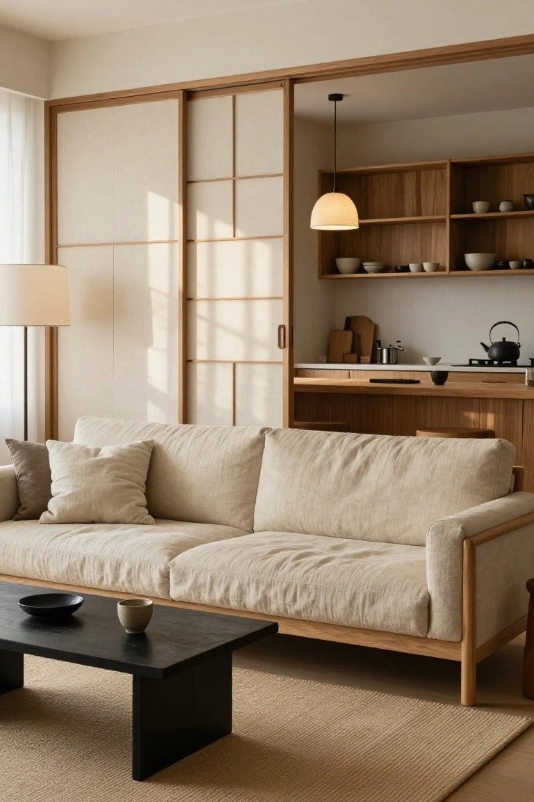 Minimalist living room with cream linen sofa, black wooden coffee table holding pottery, floor lamp, beige rug, and shoji sliding doors partially open to adjacent wooden kitchen cabinets and shelves.