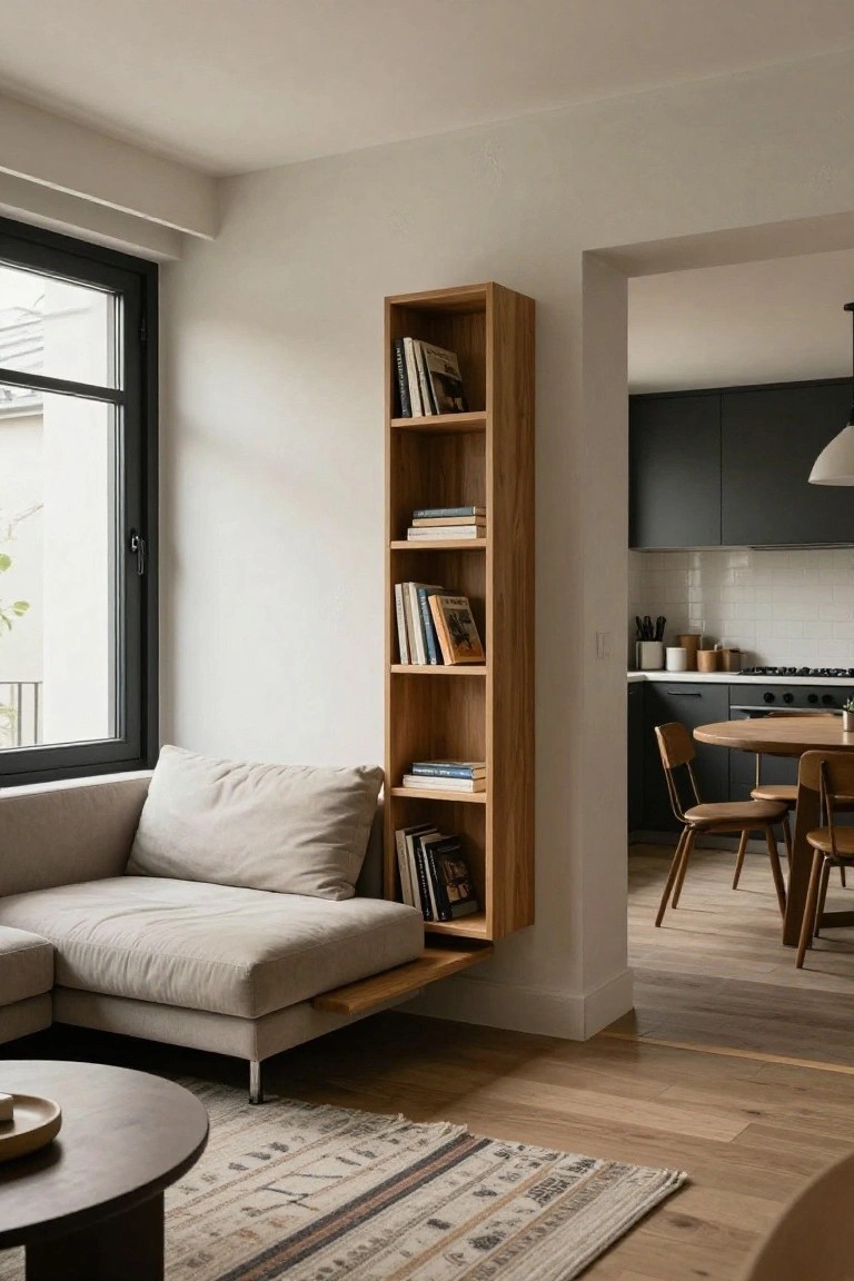 A light gray L-shaped sofa sits in a living room with a tall wooden bookshelf mounted on the white wall beside it, opening to a kitchen with dark cabinets, white tiles, and a round wooden dining table on oak floors.