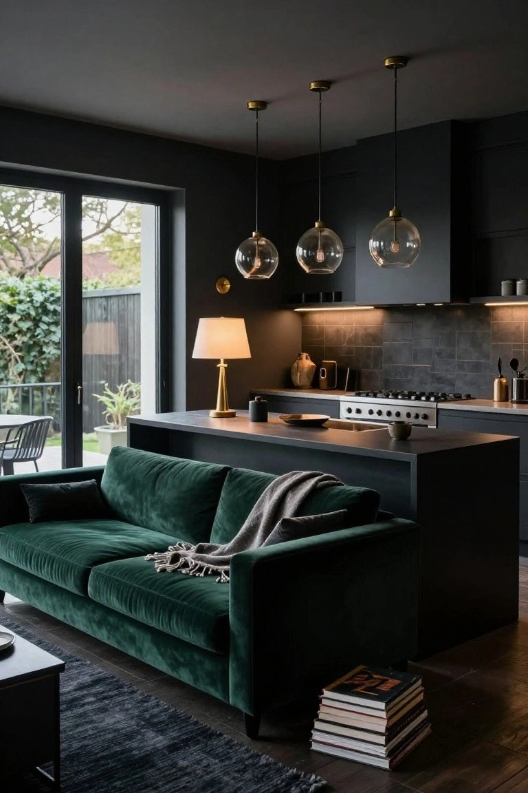 Open-plan interior with dark matte kitchen cabinets, central black island, three clear glass pendant lights overhead, brass table lamp, and emerald green velvet sofa positioned next to the island, sliding glass doors to garden visible.
