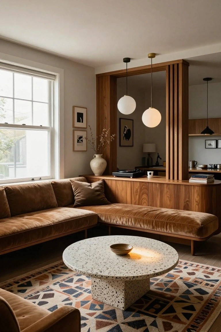 Open-plan living room featuring a brown velvet L-shaped sofa, round white terrazzo coffee table with a ceramic bowl, wooden paneled divider with slats opening to a kitchen area, pendant globe lights, and large window with natural light.