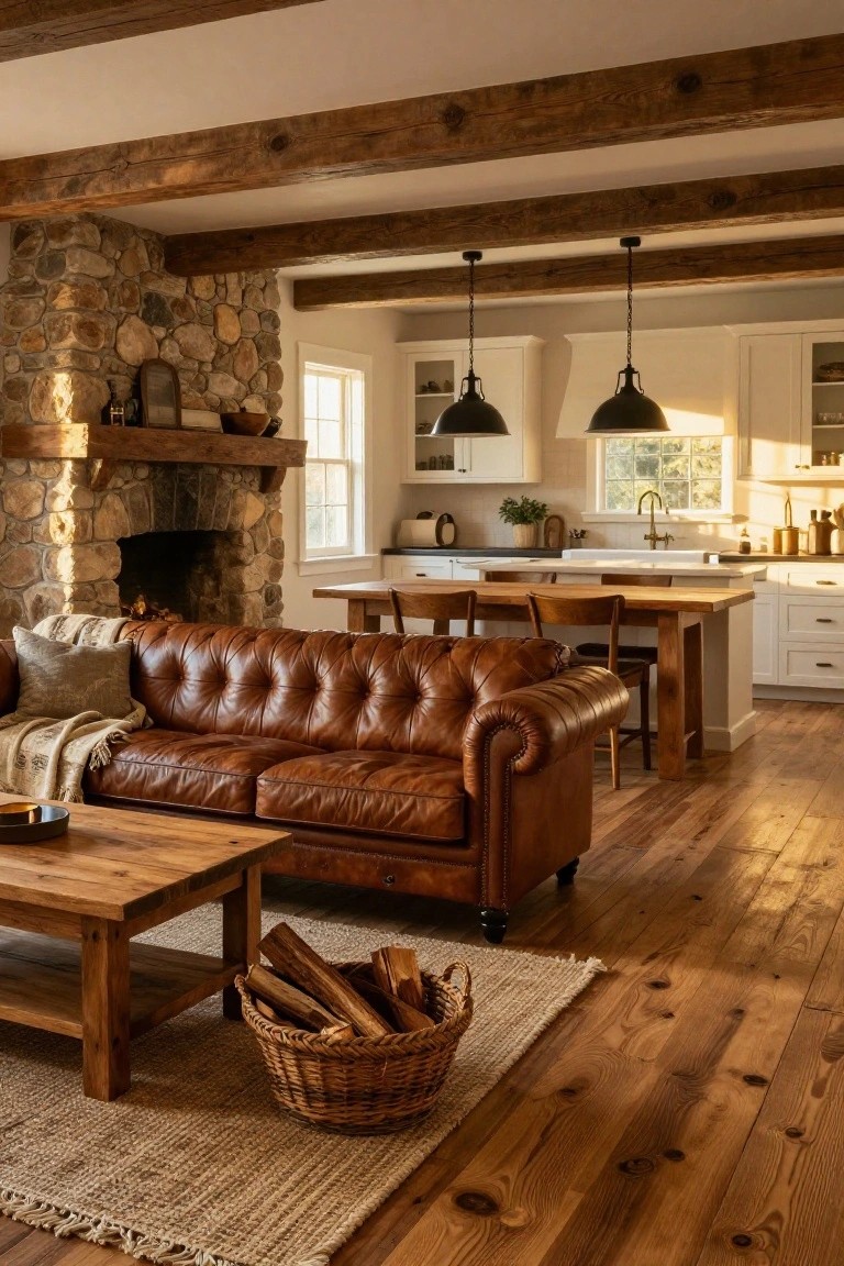 Open floor plan living room featuring exposed wooden beams on the ceiling, a stone fireplace, brown leather tufted sofa, wooden coffee table, and adjacent white kitchen with wood island.