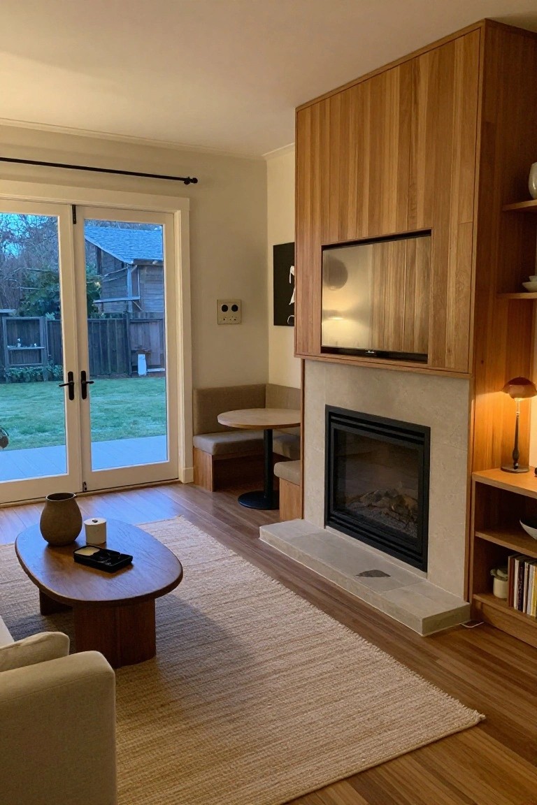 A living room with tall light wood cabinetry enclosing a TV above a gas fireplace with beige stone surround, low wood coffee table on beige rug, beige sofa, banquette by French doors to backyard garden, and wood floors.