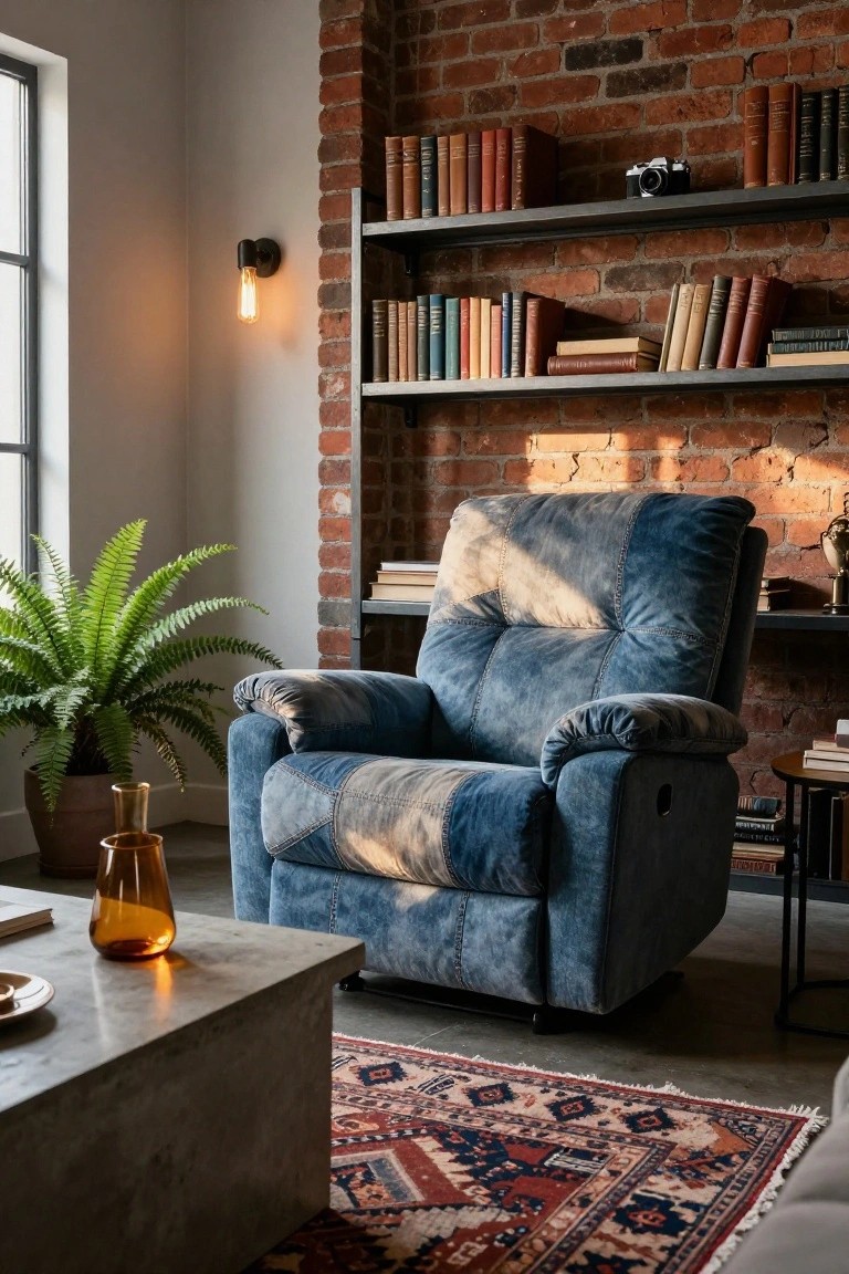 A tufted blue velvet recliner sits in a corner against an exposed brick wall with metal bookshelves stocked with books, a potted fern plant, amber glass vase on a concrete coffee table, and a patterned rug on the floor.