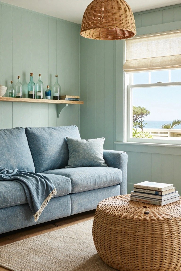 Light green vertical paneled living room corner with wooden shelf of blue glass bottles, blue fabric sofa draped with fringed throw blanket, wicker pouf ottoman topped with stacked books, linen roman shade on window overlooking ocean and palm trees.