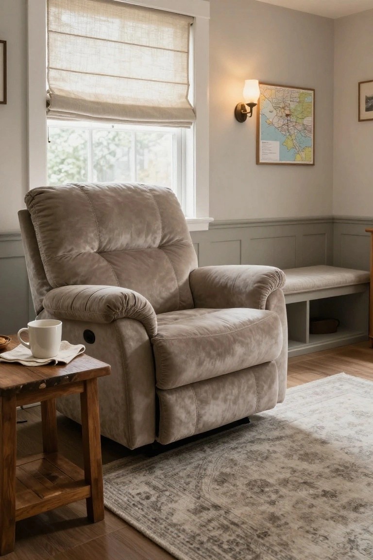 Beige upholstered recliner next to a wooden side table holding a white mug and napkin in a light gray room with window shades, wall lamp, map, and bench.