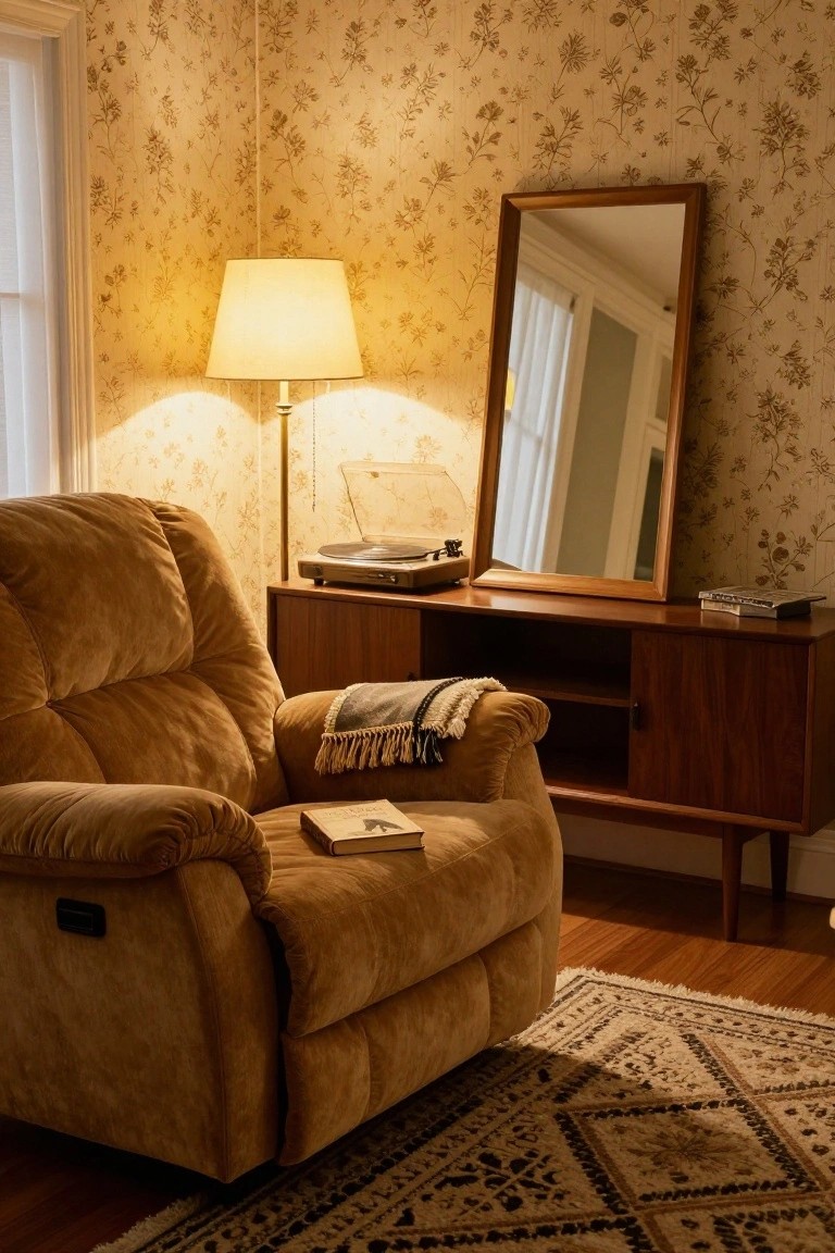 Tan velvet recliner next to a wooden credenza with record player and books, in a room with floral wallpaper, floor lamp, and tall mirror.
