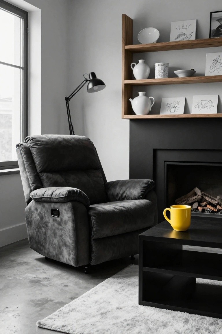 Dark gray recliner chair positioned next to a sleek black fireplace in a minimalist living room with wooden shelves holding white ceramics, a yellow mug on a black coffee table, and a large window.