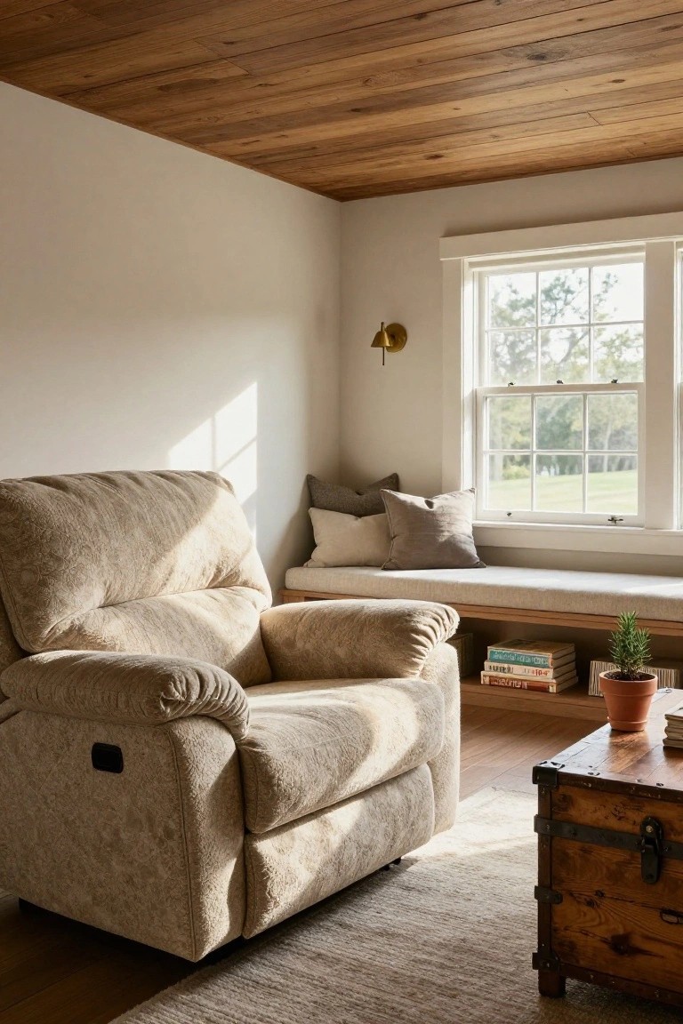 Beige recliner armchair positioned near a cushioned window bench with pillows, books, and a potted plant in a room with light walls, wooden ceiling, hardwood floors, and a view of green lawn outside the window.