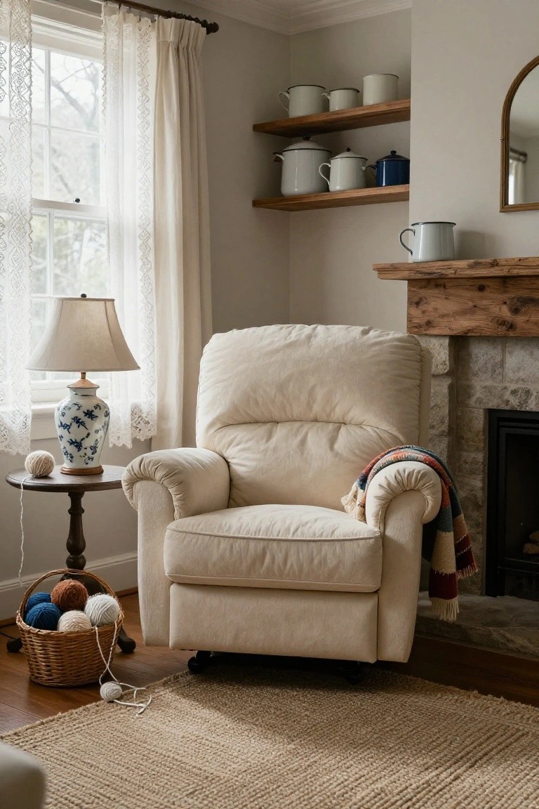 Cream-colored recliner armchair positioned next to a stone fireplace in a living room corner, with a multicolored blanket on the arm, basket of yarn balls nearby, lamp and table by a window, shelves of white enamelware above, and seagrass rug on wood floor.