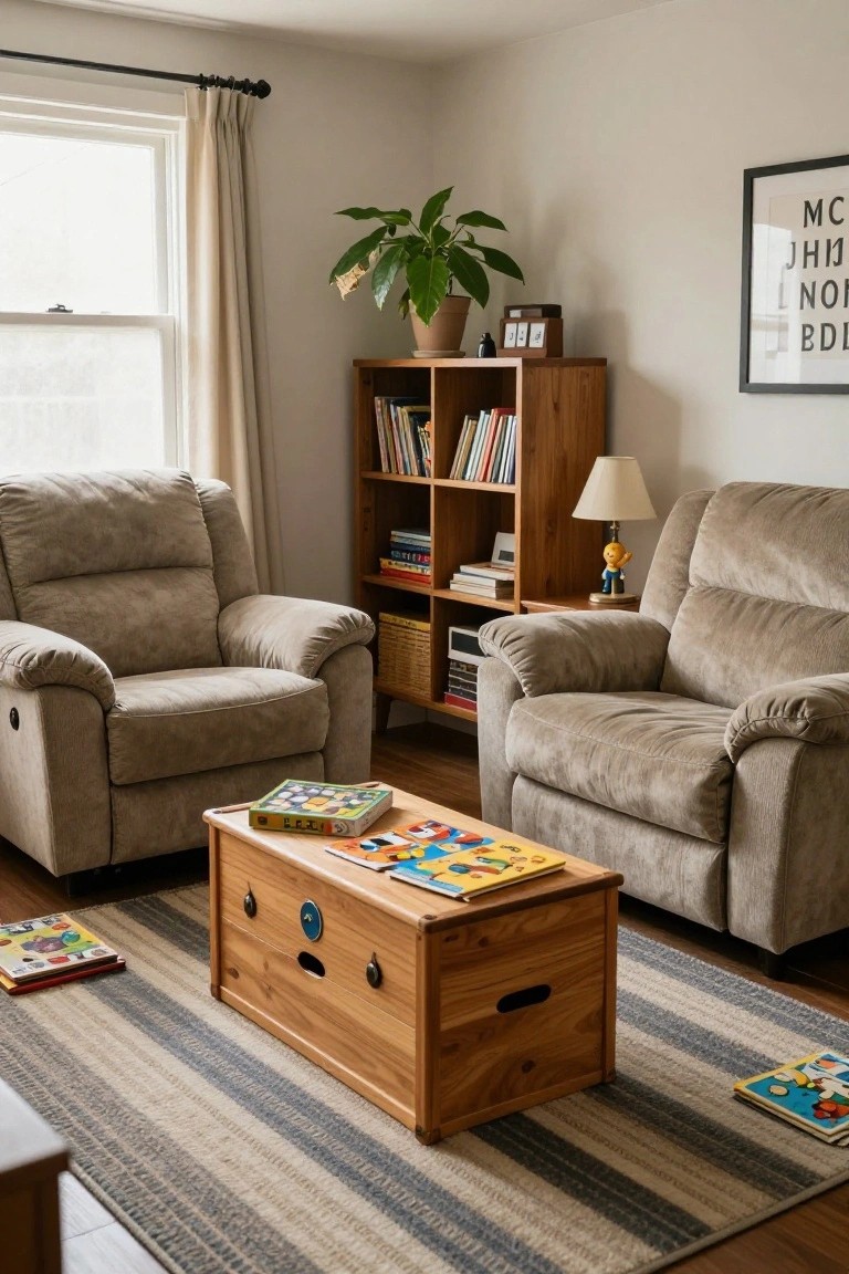 Living room featuring two beige recliner armchairs facing a wooden toy chest coffee table with children's books on and around it, bookshelves, a potted plant, and a lamp nearby.