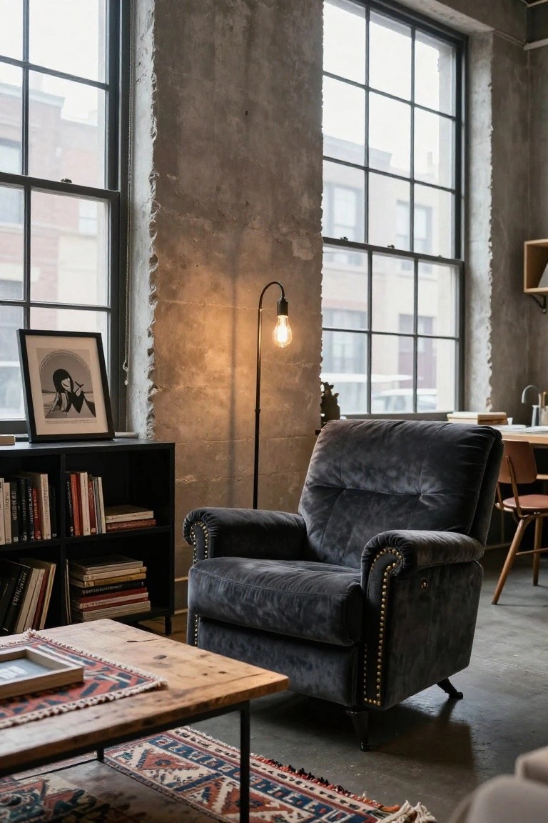 Dark gray velvet tufted armchair with nailhead trim in a loft living room featuring exposed brick walls, large metal-framed windows, wooden bookshelves, arc floor lamp, and rustic coffee table on concrete floor.