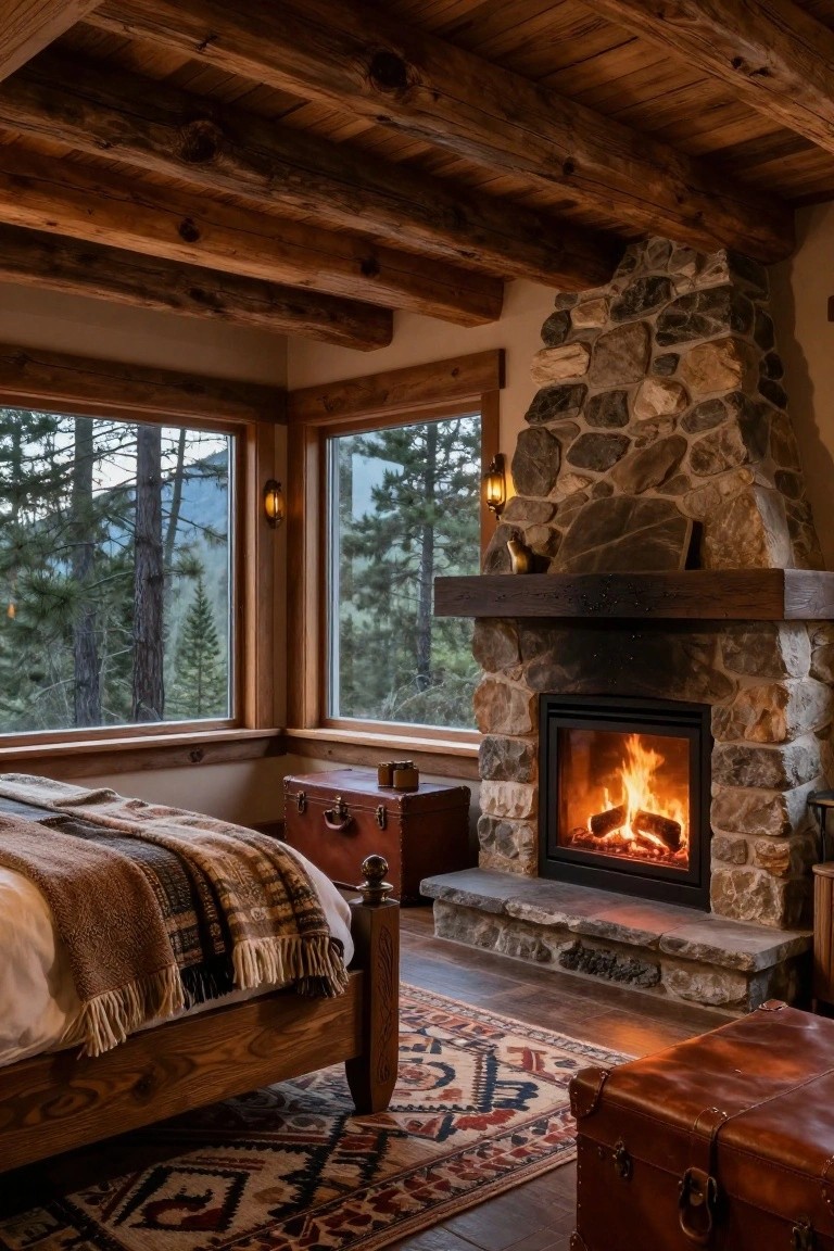 A rustic bedroom with exposed wooden ceiling beams, a large stone fireplace burning brightly, large corner windows overlooking pine forest and mountains, a wooden bed draped in layered blankets and throws, a patterned rug, and leather trunks nearby.