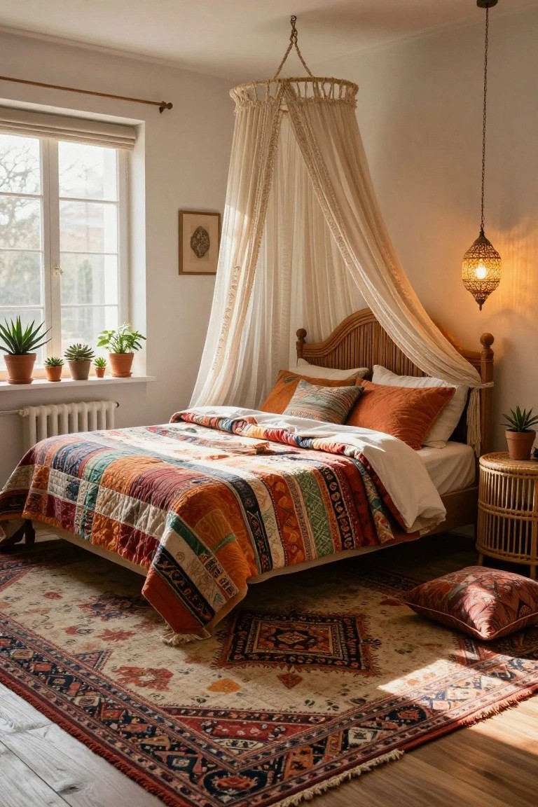 Sunlit bedroom with rattan bed frame under sheer white canopy, colorful patchwork quilt and pillows, potted plants on windowsill, rattan side table, and patterned rug on wooden floor.