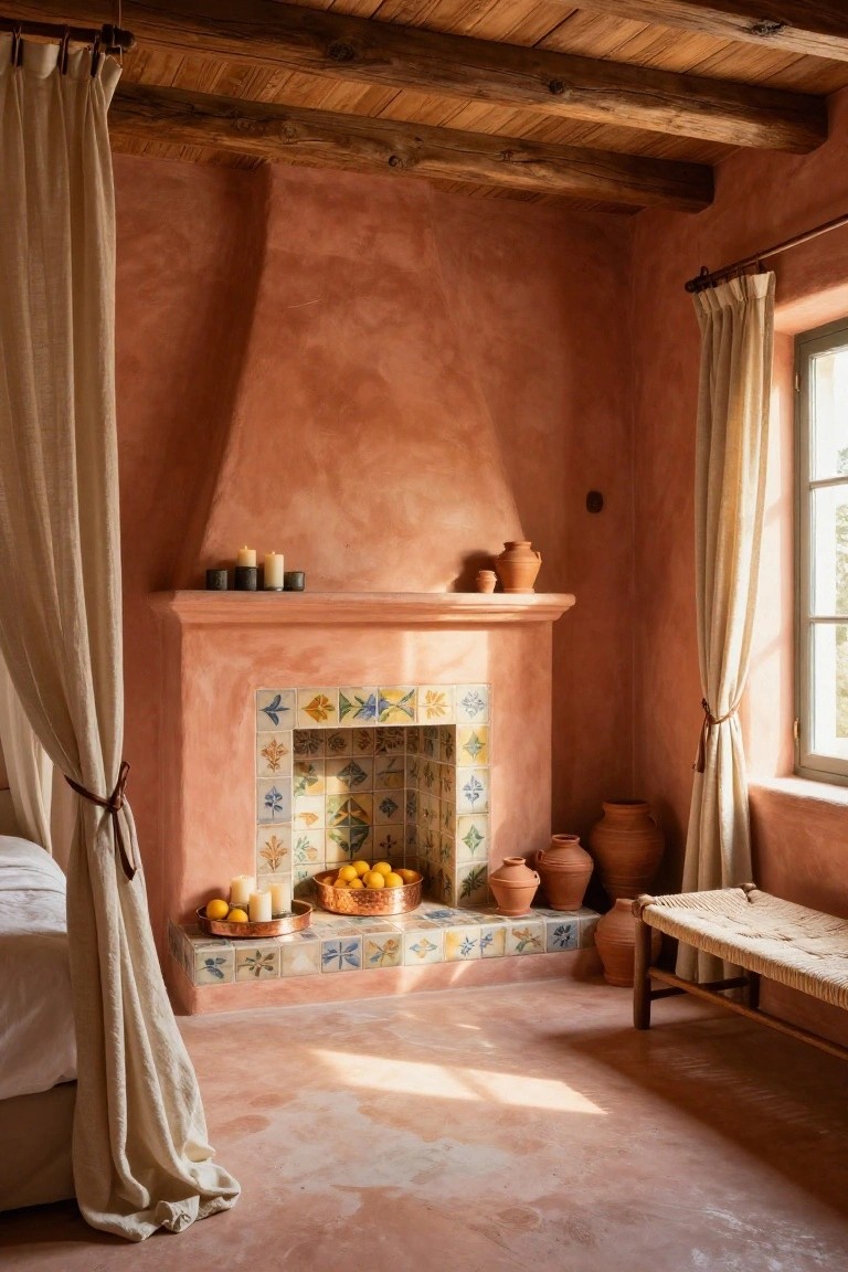 Bedroom corner with pink terracotta walls, exposed wooden ceiling beams, a fireplace with colorful tiled surround, candles and terracotta pots on the mantel, oranges in a copper bowl, linen curtains, and a bed nearby.