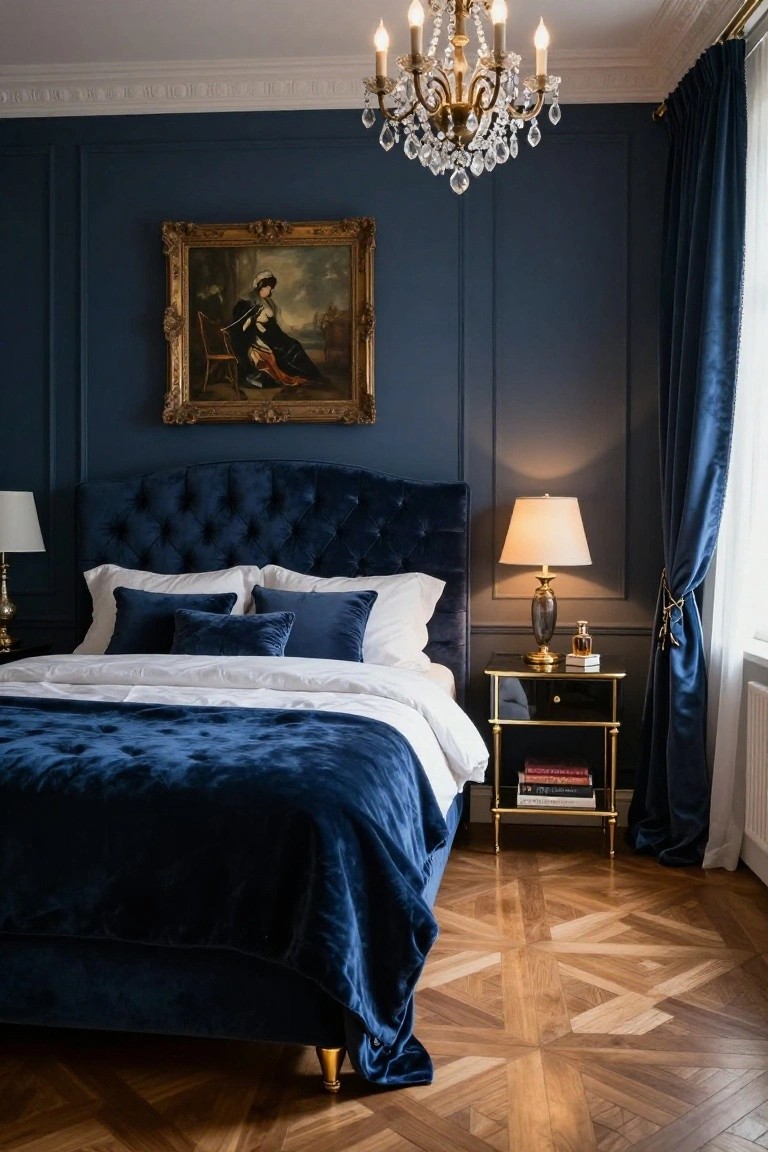 Luxurious bedroom with navy blue paneled walls, tufted navy velvet upholstered bed covered bed with white sheets and blue pillows, gold chandelier, bedside lamps and table, classical portrait painting, and heavy blue drapes.