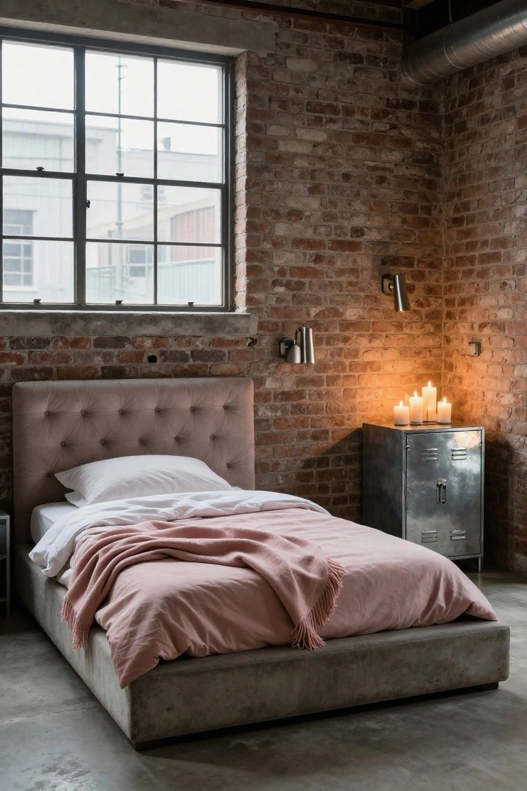 Bedroom interior with tufted blush pink headboard against exposed brick wall, white sheets topped with pink throw blanket and fringe, metal locker cabinet nearby, lit candles on top, and industrial windows.