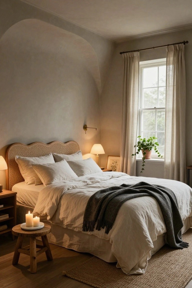 Cozy bedroom with rattan headboard, white linen bedding draped with gray throw, two lit candles on wooden stool, lamps on nightstands, potted ivy plant on windowsill, neutral walls and arched niche.