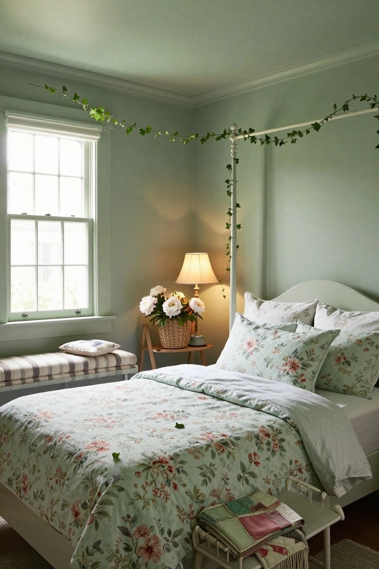 Sage green bedroom with white canopy bed draped in ivy garlands, floral-patterned linens, peony bouquet on table by lamp, window with blinds, striped bench, and books on footstool.