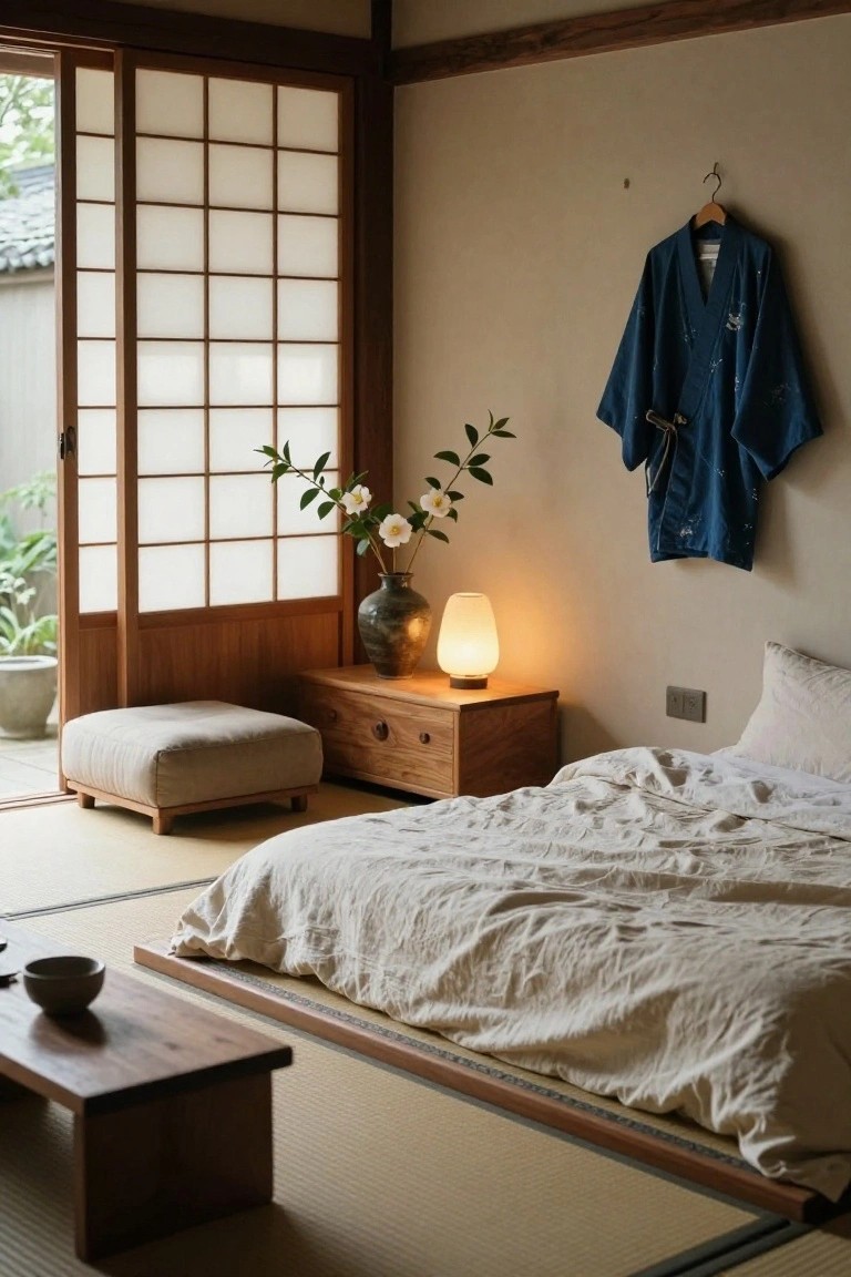 Japanese-style bedroom with tatami floor, low futon bed with white linens, shoji screen doors open to garden view, wooden low table with bowl, side table with lamp and vase of white flowers, floor cushion, and blue yukata hanging on wall.