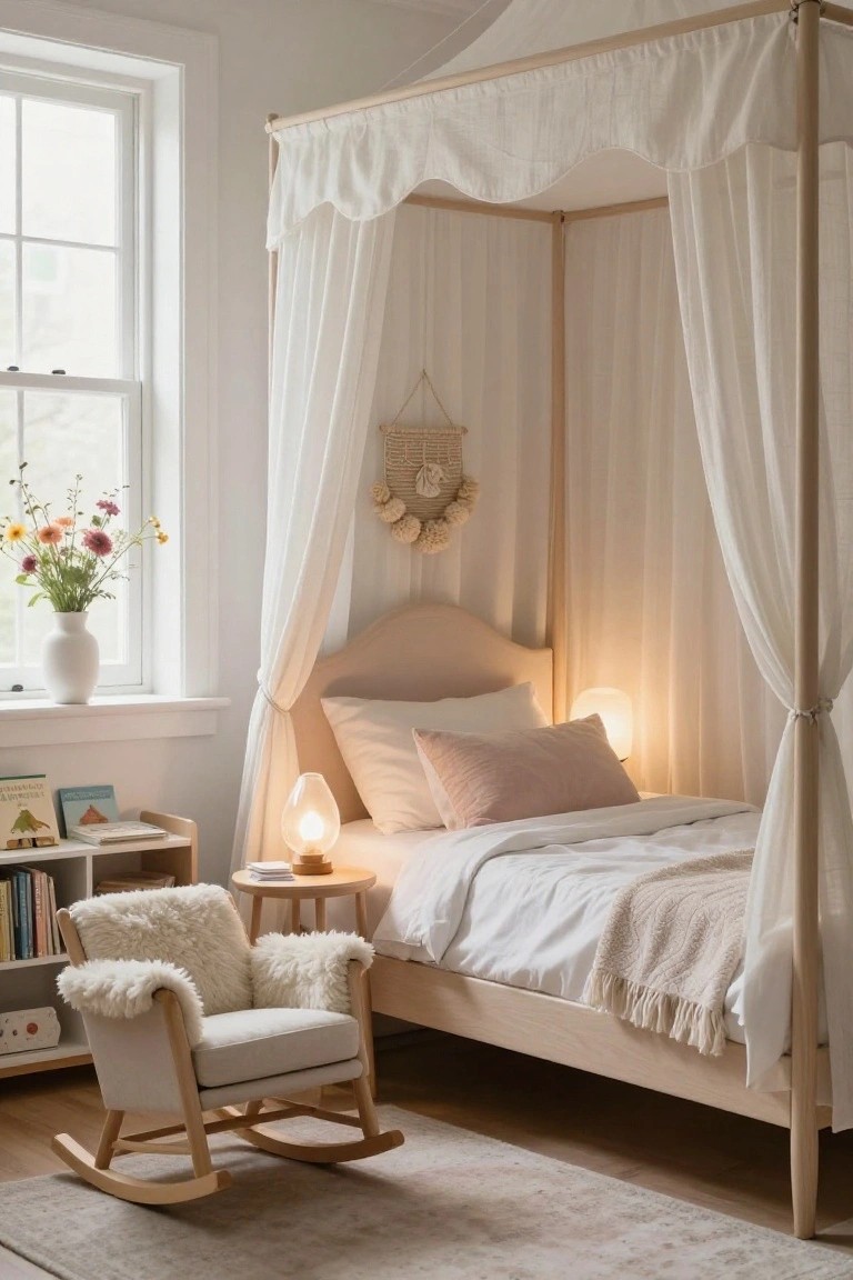 A bedroom with a white wooden canopy bed draped in sheer white fabric, a fluffy white rocking chair, bookshelves with books, a small table with lamp, and a vase of flowers on the windowsill.