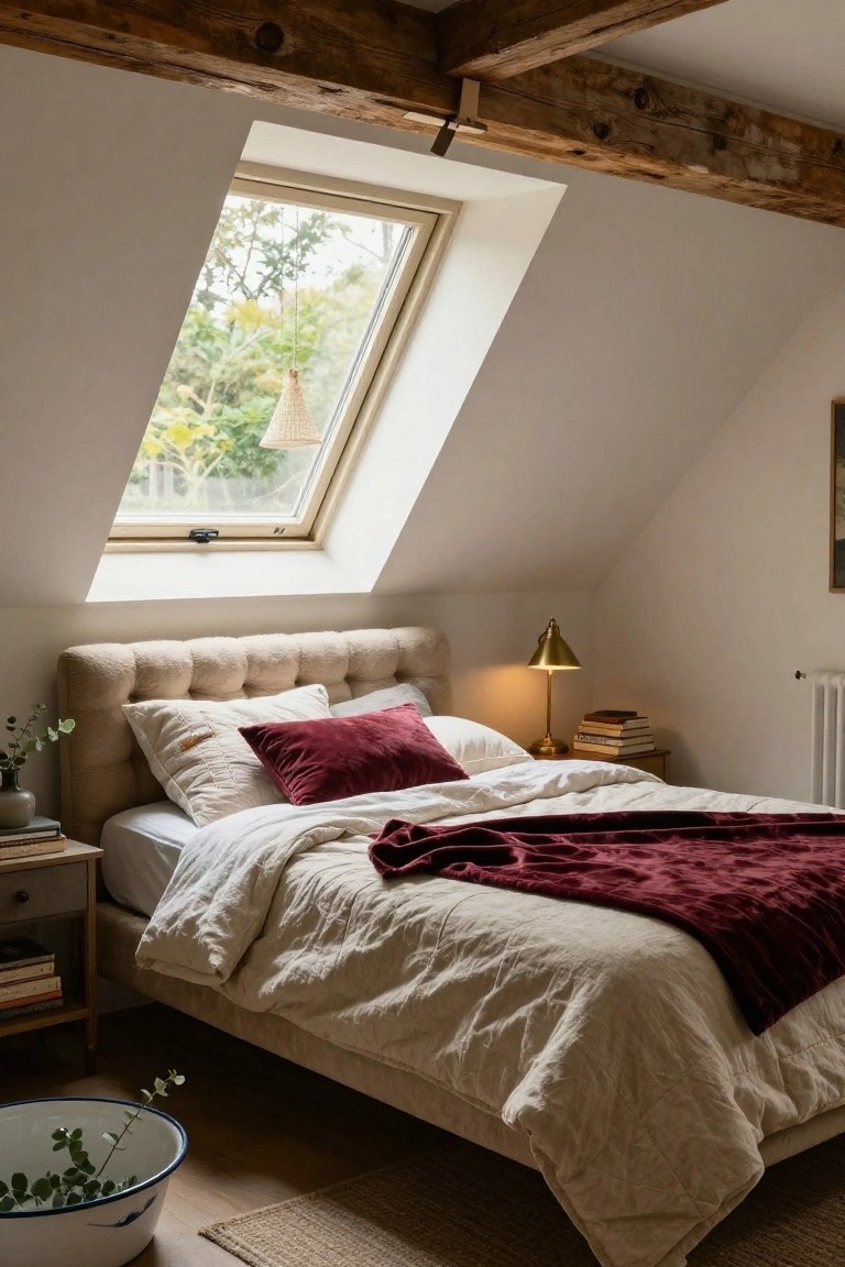 Attic bedroom with white sloped ceiling and skylight, beige tufted headboard bed draped in white linens and burgundy velvet throw and pillows, brass lamp and stacked books on wooden nightstand, radiator on wall, potted eucalyptus in blue bucket on wooden floor with rug.