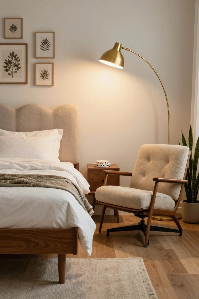 Bedroom interior featuring a beige tufted headboard on a wooden bed with white sheets and gray throw, wooden nightstand, beige swivel chair with wooden arms, potted snake plant, botanical prints on walls, brass arched floor lamp, and light oak flooring with beige rug.