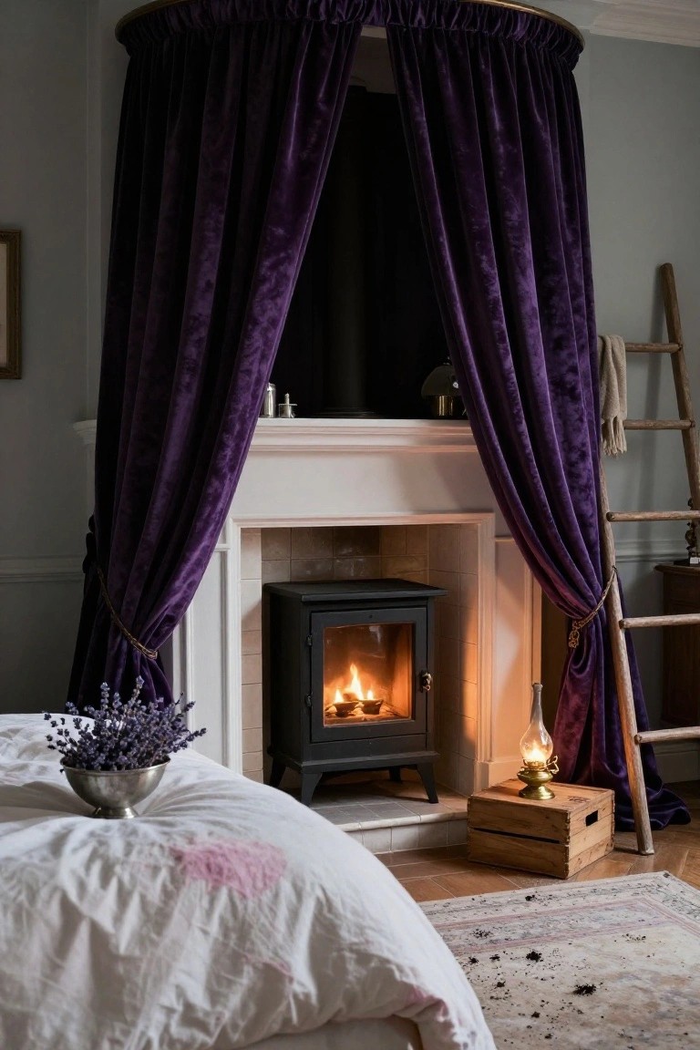 Bedroom with white bed sheets stained pink and holding a silver bowl of lavender flowers, beside a black stove fireplace framed by purple velvet curtains draped from a gold-trimmed circular rod, wooden ladder, crate, and oil lamp nearby on wood floor with Persian rug.