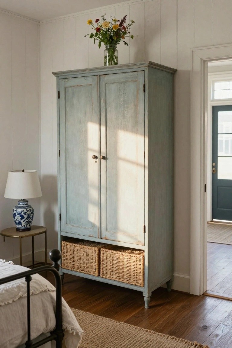 Tall light blue distressed wooden armoire with double doors and two wicker baskets in the base stands in a white shiplap-walled bedroom next to a metal bed frame and side table with blue and white lamp.